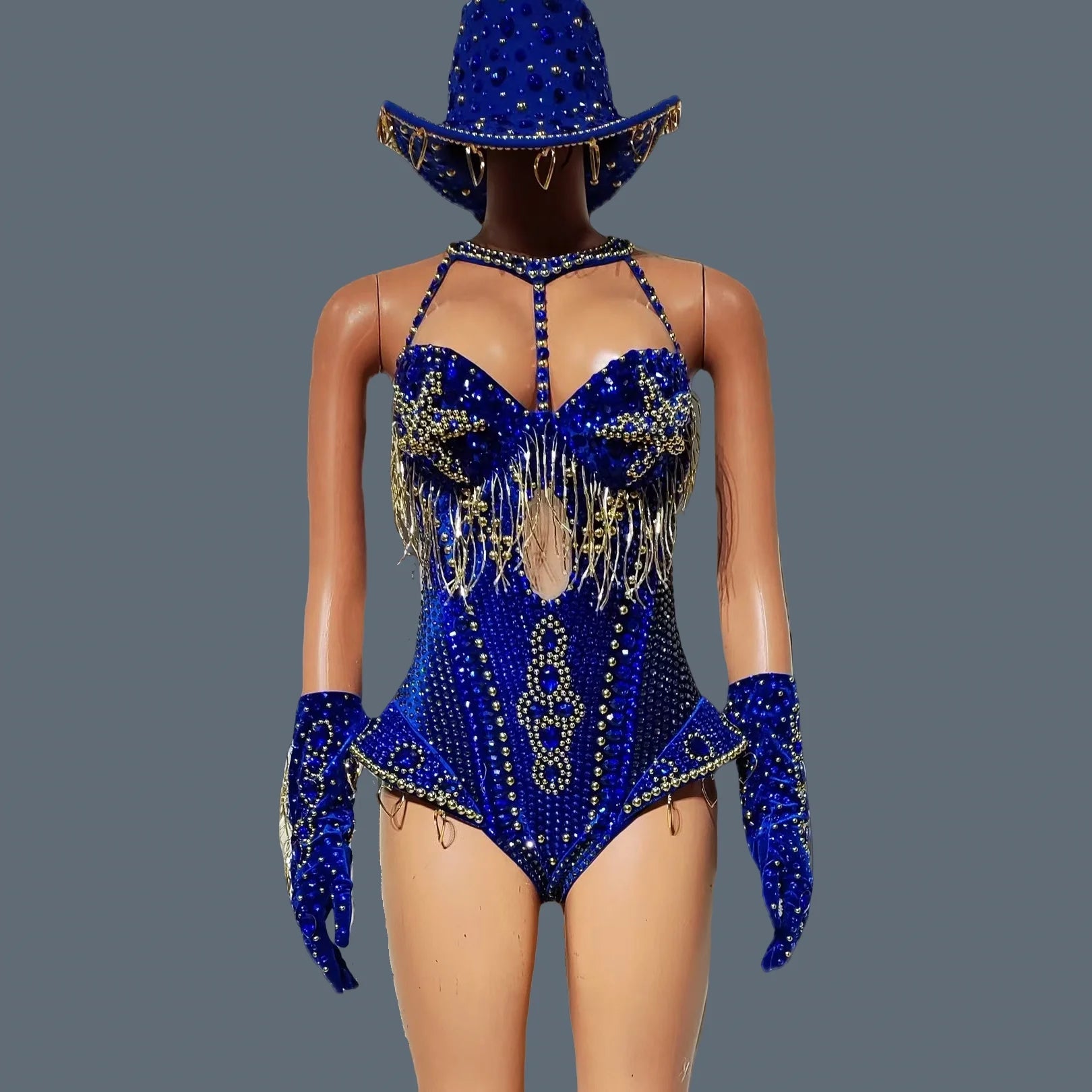Luxury Women Crystals Tassel Bodysuit Set Cowboy Night Party Jumpsuit Stage Show Outfit Festival Celebrate Sexy Wear Hongding Blue