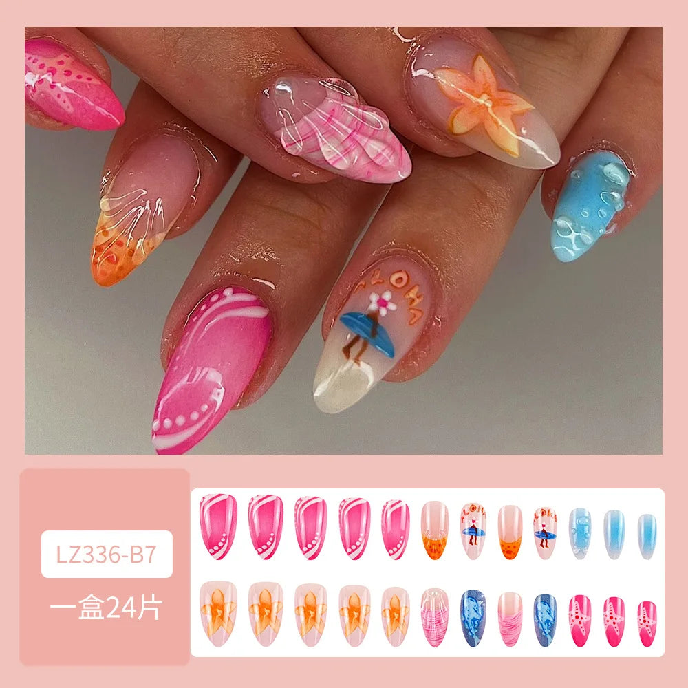 24pcs Sweet Pink Flower Press on Nails Ins Pink Blush Almond False Nails Wearable Reusable Fashion Korean Fake Nails for Women 2