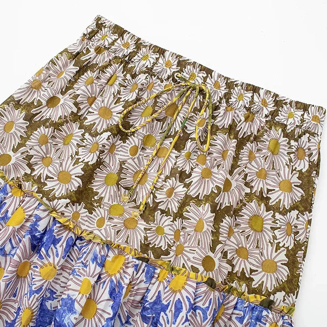 TRAF Women Fashion Printed Pleated Midi Skirt Vintage High Elastic Waist With Drawstrings Female Skirts Mujer casual clothes