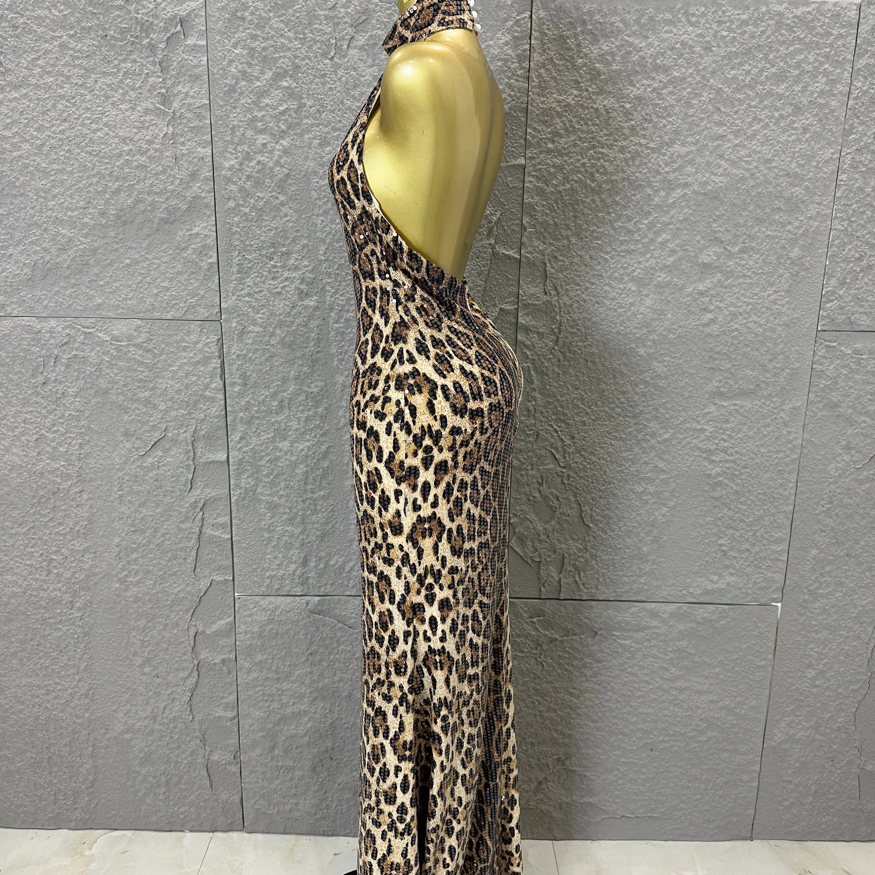 Refined Leopard Print Maxi Dress Women Sexy Halter Neck Sleeveless Sequin Embellished Bodycon Outfit Nightclub Party Costume