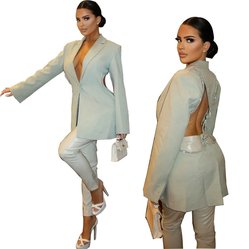 Women Elegant Cutout Long Sleeve One Button Long Sleeve Notched Neck Blazer Street INS Splicing Blazers Outfits Tops silver