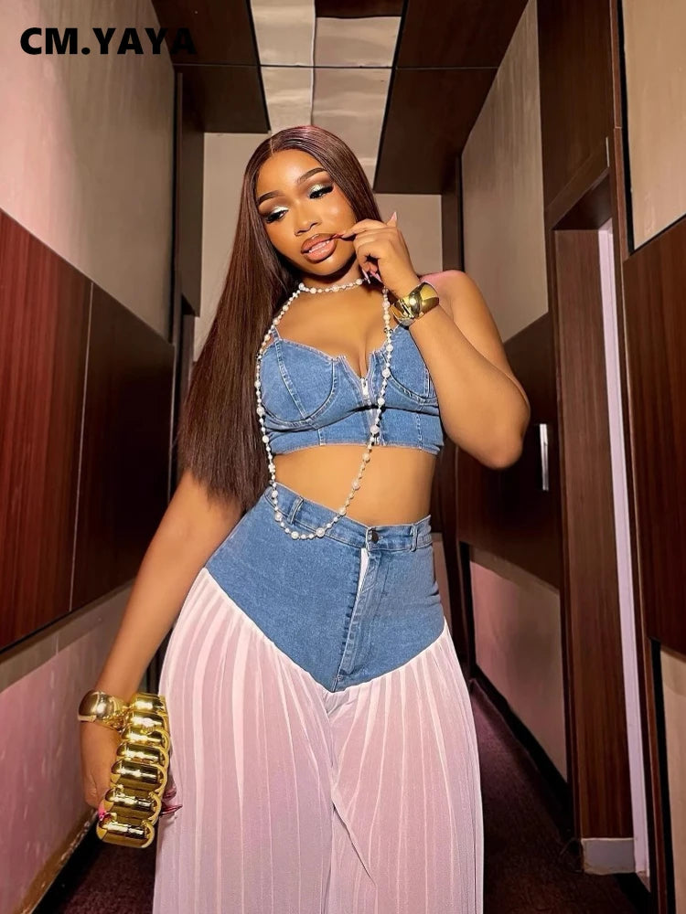 Fashion Denim Chiffon Women's Set Strapless Crop Top and Jeans Pants Suits 2025 Sexy Party Club Two 2 Piece Set Outfits