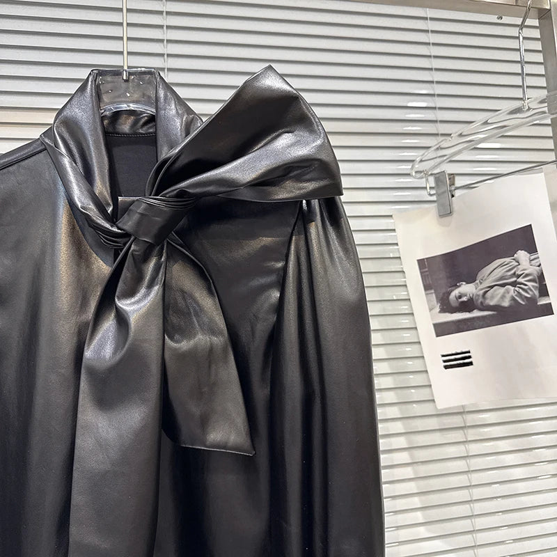 Winter New Fashion Street Style Tie Scarf Bow PU Leather Shirt For Women Loose Black Blouse Female Trend 11A07665