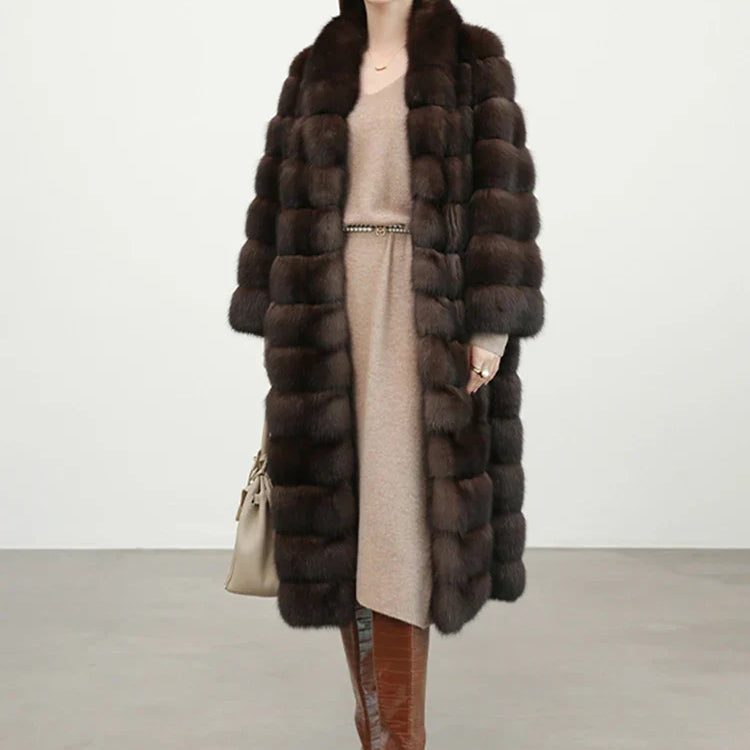 Autumn Winter Elegant Luxury Chic Long Thick Warm Faux Sable Fur Coat Women Shawl Collar Fluffy Overcoat