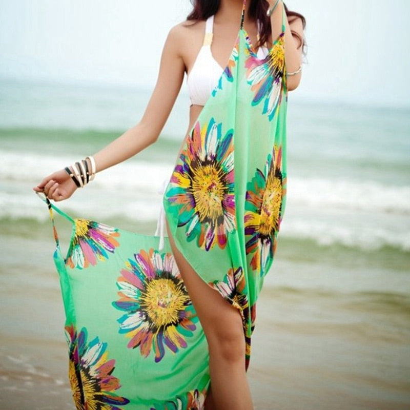 Printed Cover-ups Sexy Beach Dress Halter Sling Chiffon Beach Towel Bikini Wrap Pareo Skirts Open-Back Swimwear Green One Size