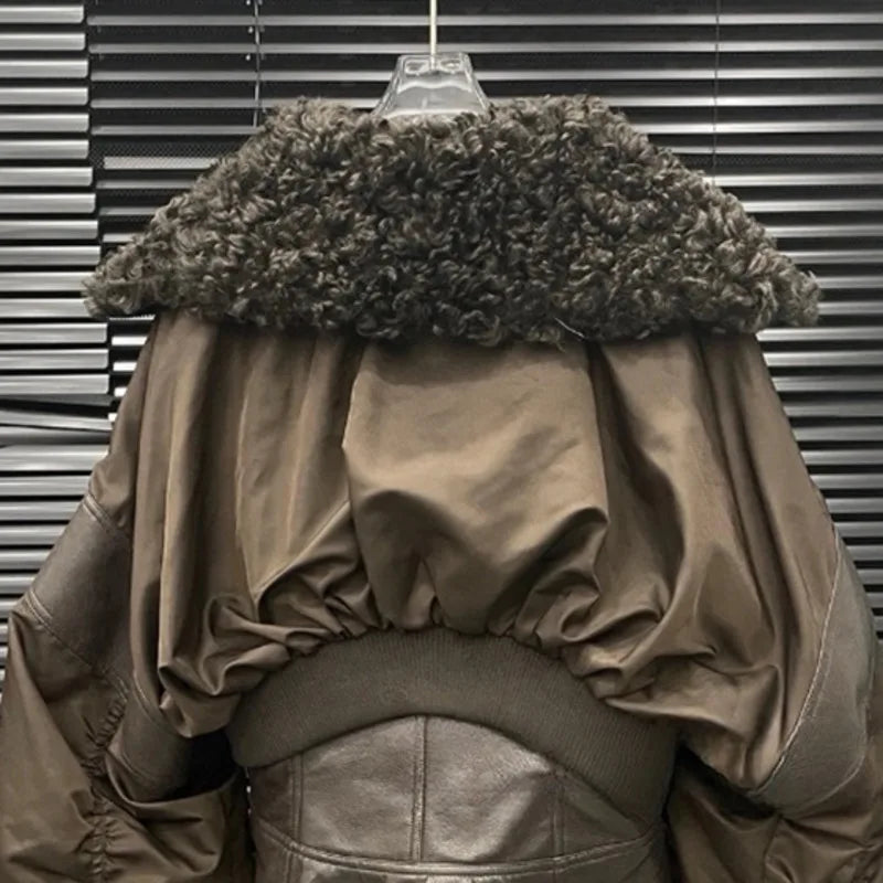 Autumn Winter New Patchwork Leather Waist-Cinching Cotton Jacket For Women Elegant Fur Collar Short Coat 11A07569