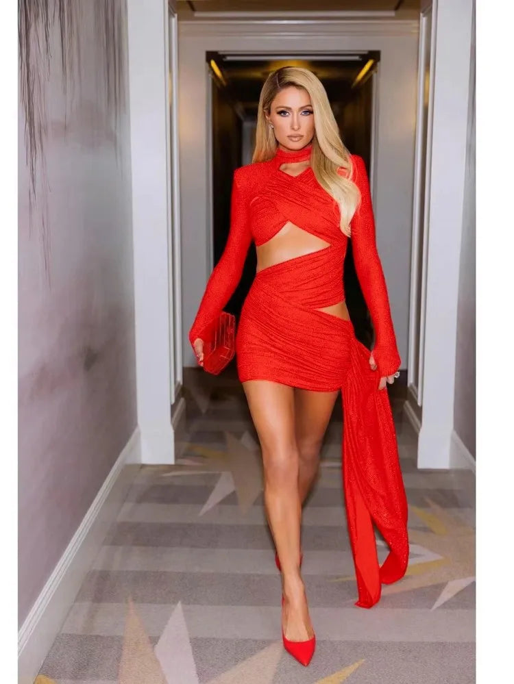 Shinning Rhinestones Women Long Sleeve Sexy Cross Keyholes Bodycon Mini Dress Celebrity Gashion Red Carpet Birthday Outfit
