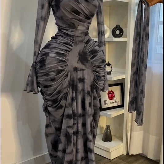 CM.YAYA Women Tie Dye Printed Skew Neck Flare Long Sleeve Ruched Stacked Maxi Long Dress 2025 Summer Birthday Sexy Party Dresses