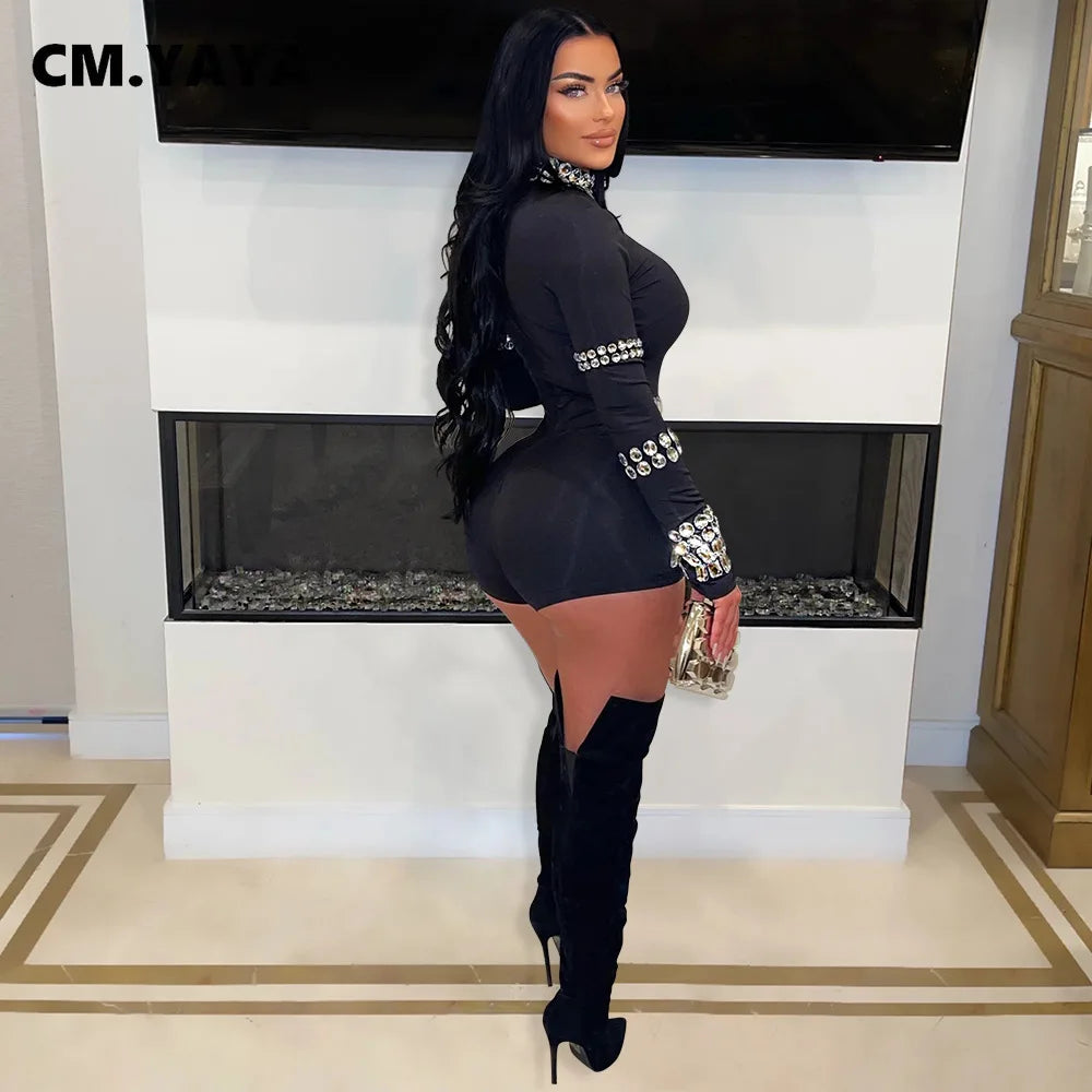 Women Diamonds Hot Rhinestones Long Sleeve Short Jumpsuits 2024 Summer Sexy Party Club One Piece Suit Rompers Playsuits