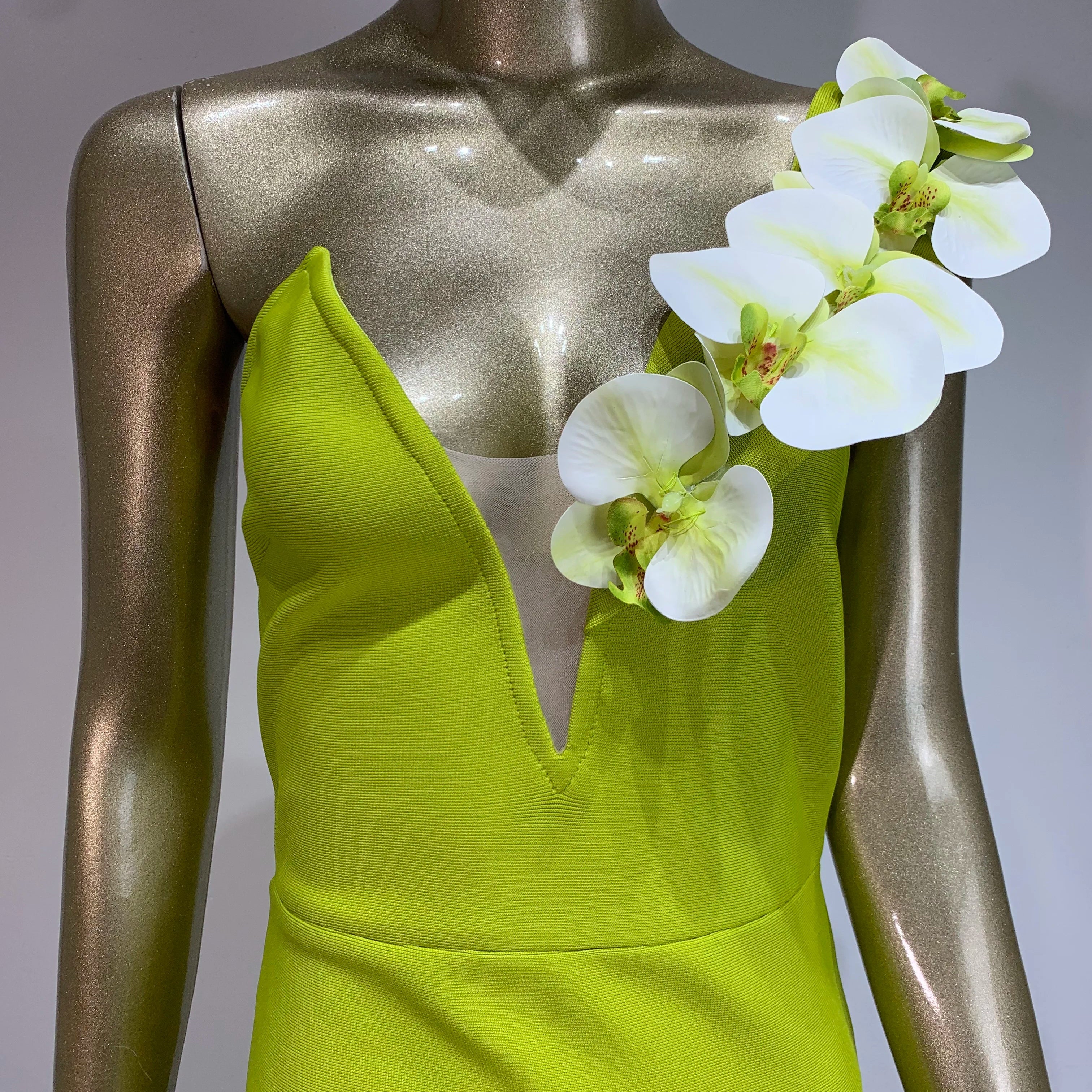 Women Celebrity Sexy One Shoulder Green Flower Maxi Long Bodycon Bandage Dress Elegant Evening Club Party Dress