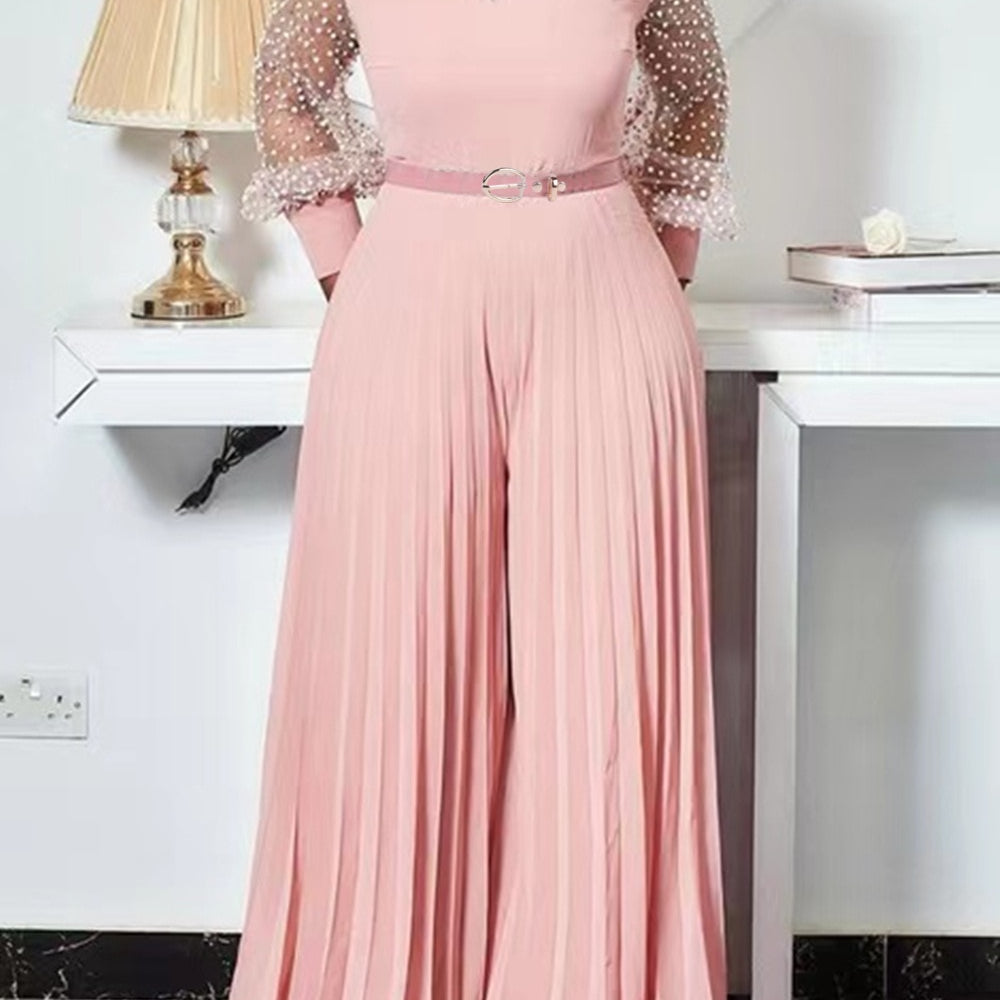 S-5xl Fall Outfits Women Pink Fashion Plus Size Jumpsuit Slim Pleated Long Sleeve Rompers Elegant Clothes Wholesale Dropshipping