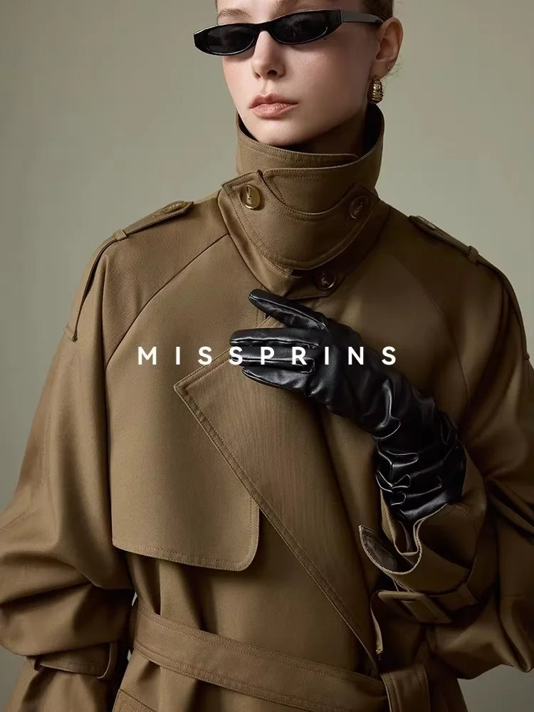 Lautaro Spring Autumn Long Khaki Trench Coat for Women Belt Double Breasted Chic Luxury Designer European Fashion Clothes 2025