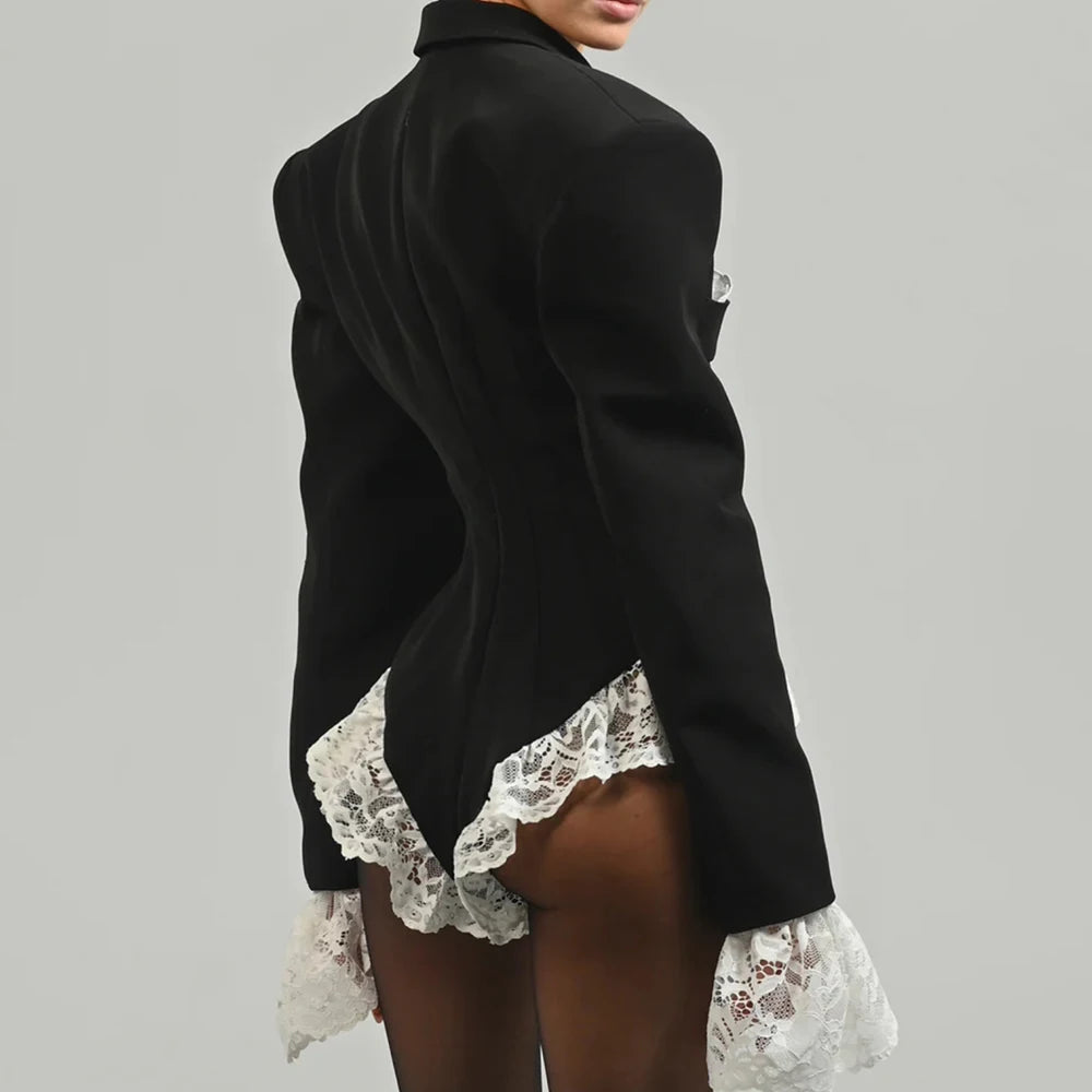 Colorblock Spliced Lace Jumpsuits For Women Lapel Long Sleeve Tunic Patchwork Button Slimming Chic Jumpsuit Female