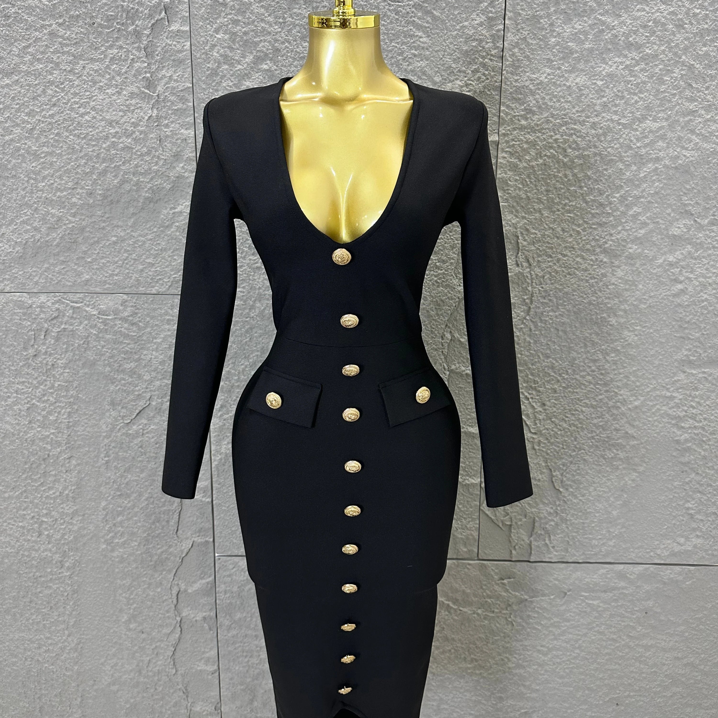 Elegant Black Deep V-Neck Midi Dress Women Sexy Long Sleeve Gold Button Form-Fitting Evening Party Cocktail Party Costume