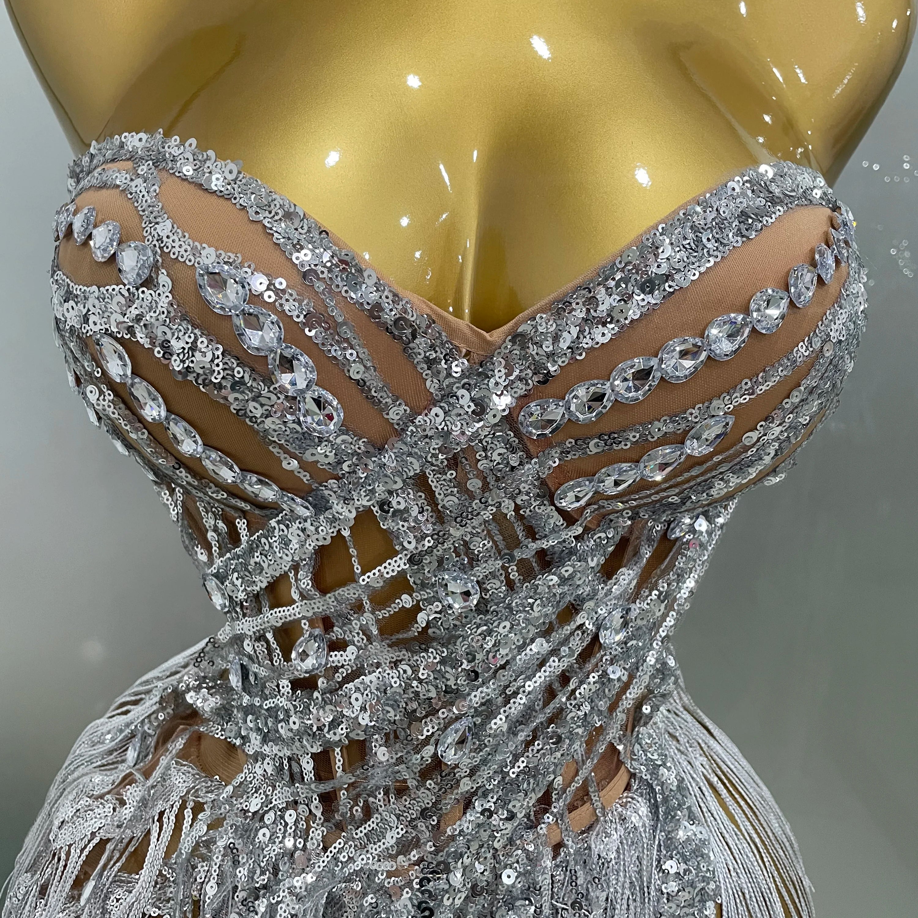 2025 New Sparkly Rhinestone Sequin Tassel Sexy Mini Skirt Two Pieces Set Women Birthday Celebrate Party Nightclub Stage Costume