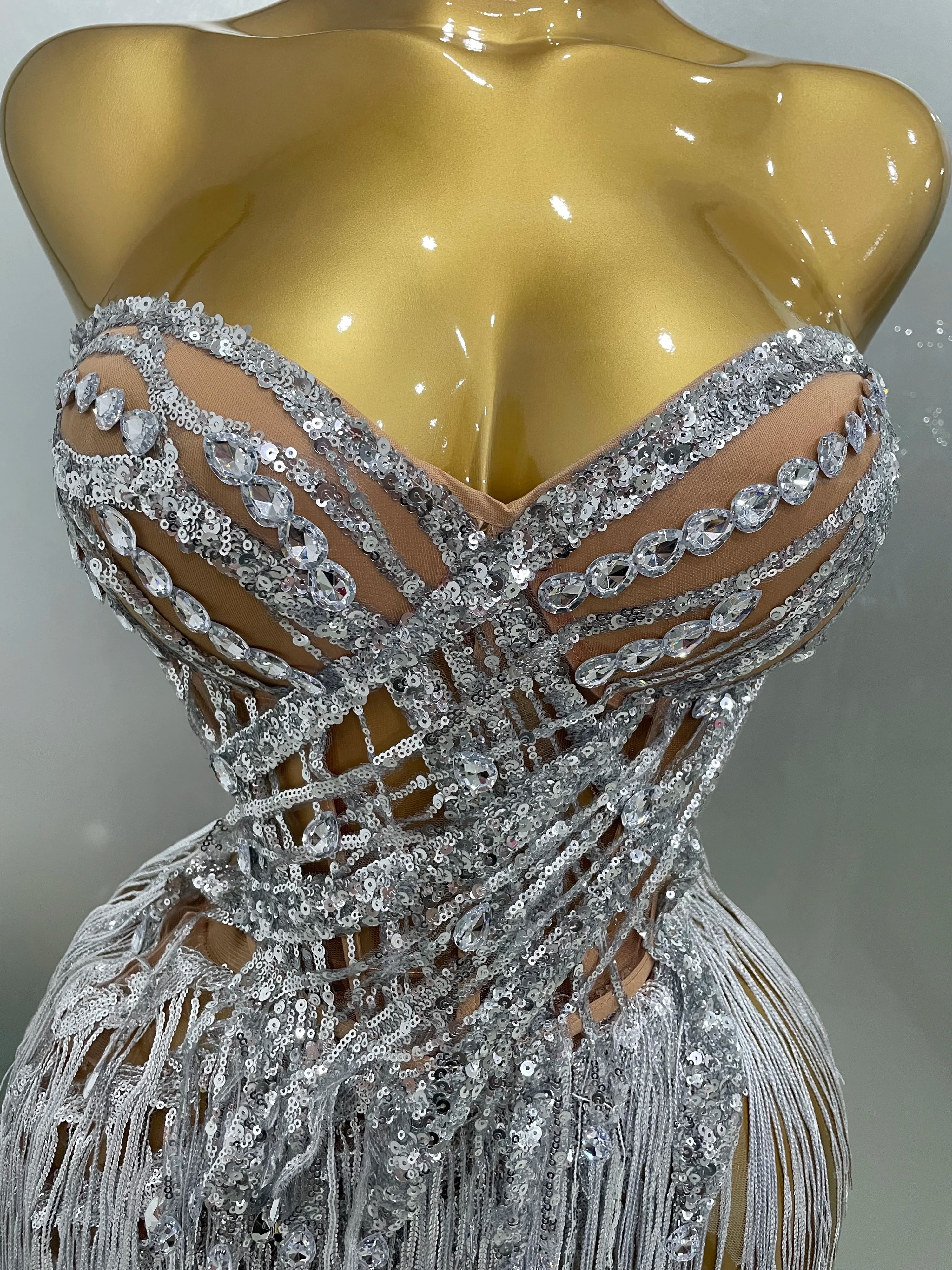 2025 New Sparkly Rhinestone Sequin Tassel Sexy Mini Skirt Two Pieces Set Women Birthday Celebrate Party Nightclub Stage Costume