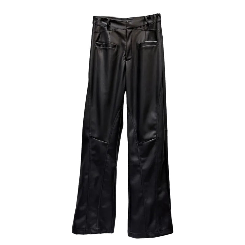 Winter New Trendy Fashion Back Waist Three-Dimensional Bow PU Leather Pants For Women Straight Casual Pants