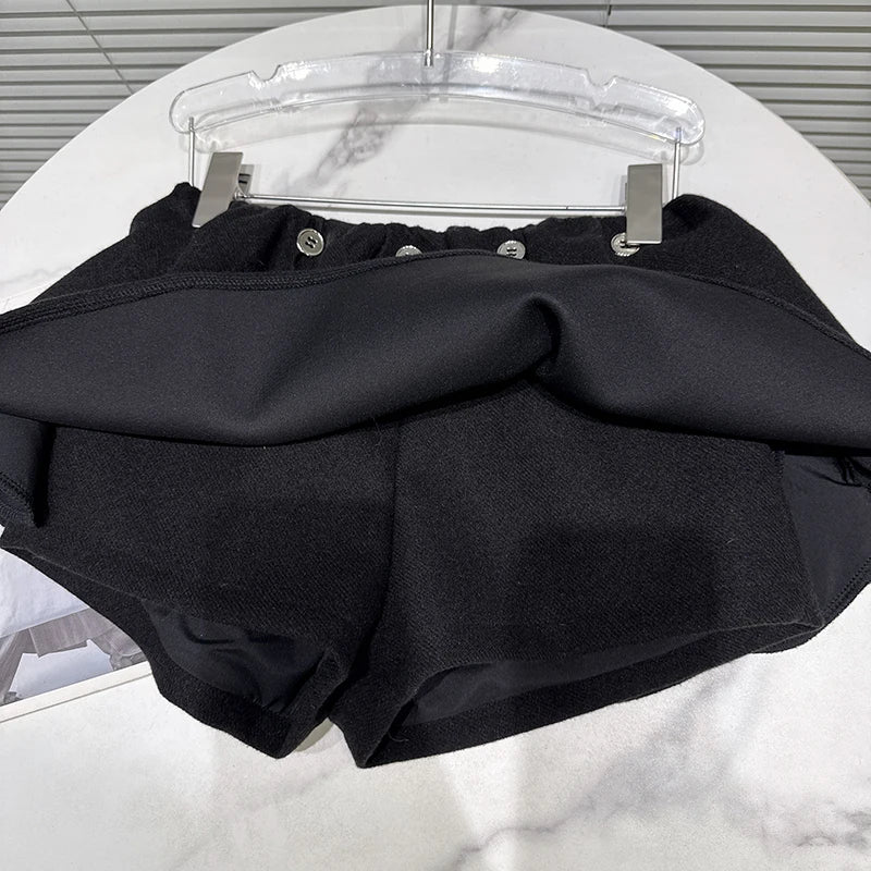 Winter New Niche Fashion Button Black Wool Puff Skirts For Women Elastic Waist Short Skirt Female Trendy 11A07575