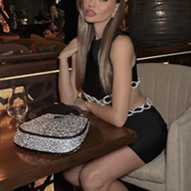 Women Summer Fashion Sexy Cut Out Backless Crystal Diamonds Black Mini Bandage Dress Elegant Evening Club Party Dress