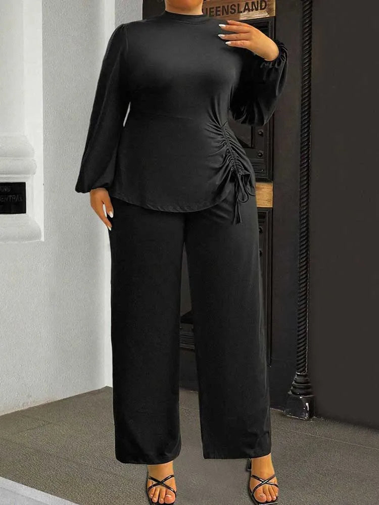Autumn Plus Size Top and Pant Suit for Women 2 Pieces Pant Sleeve Ladies Pleated Elegant Casual Outfits Wholesale Dropshipping
