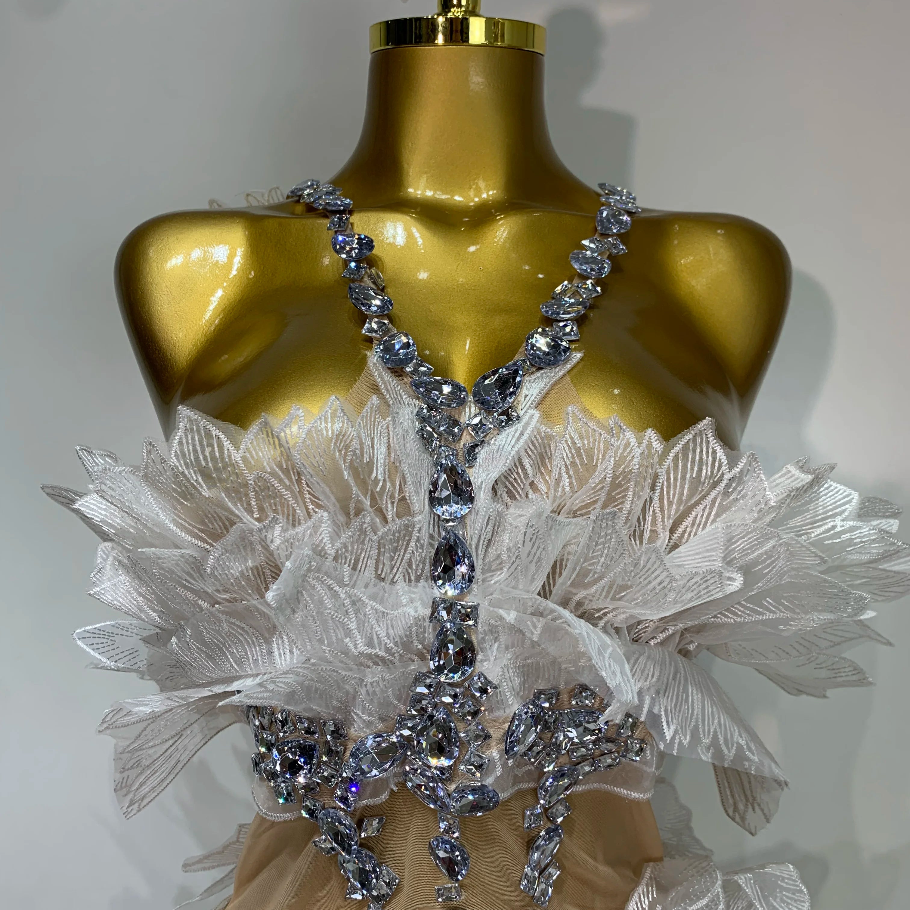 Luxury Birthday Dress Women Sexy White Crystal Transparent Wings Mini Dress Nightclub Evening Party Singer Stage Perform Costume