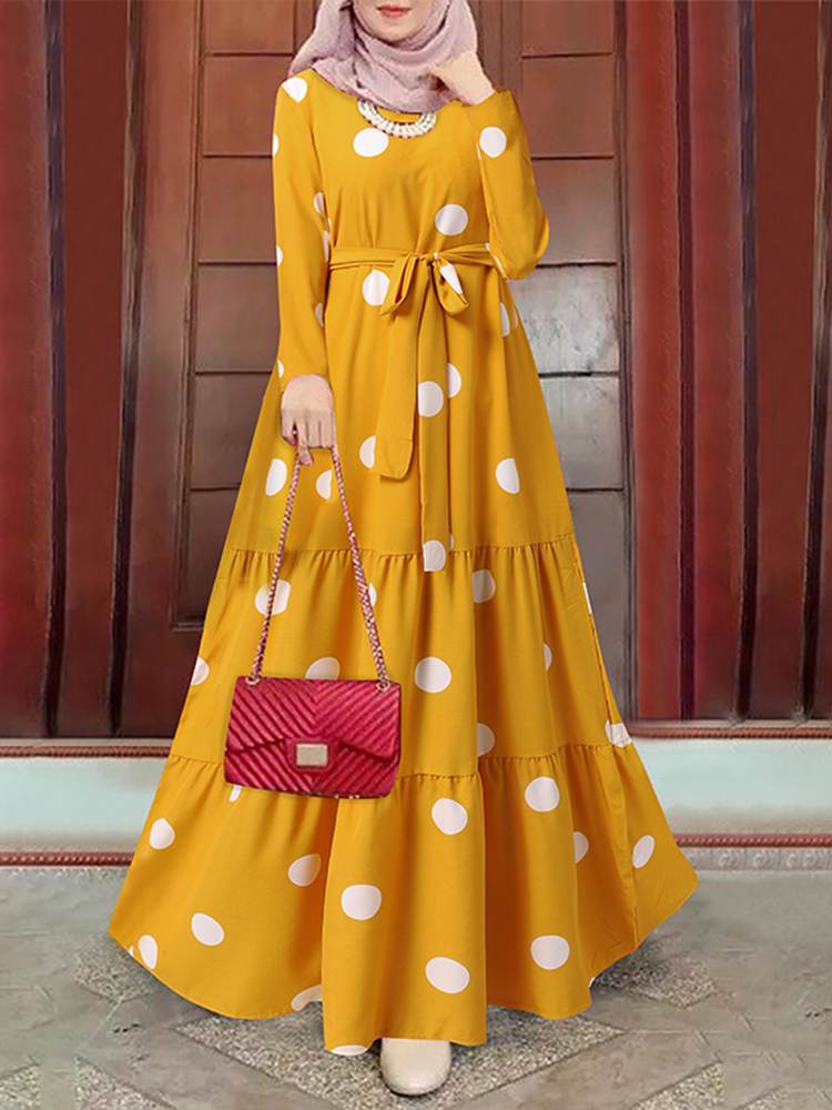 ZANZEA Women Spring Muslim Dress Elegant Casual Loose Abaya Kaftan Sundress Long Sleeved Polka Dots Printed O-Neck Maxi Robe Yellow