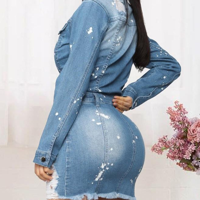 Women's Dresses 2024 Spring Fashion Ink Splash Ripped Raw Hem Button Front Casual Turn-Down Collar Long Sleeve Mini Denim Dress