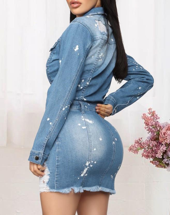 Women's Dresses 2024 Spring Fashion Ink Splash Ripped Raw Hem Button Front Casual Turn-Down Collar Long Sleeve Mini Denim Dress