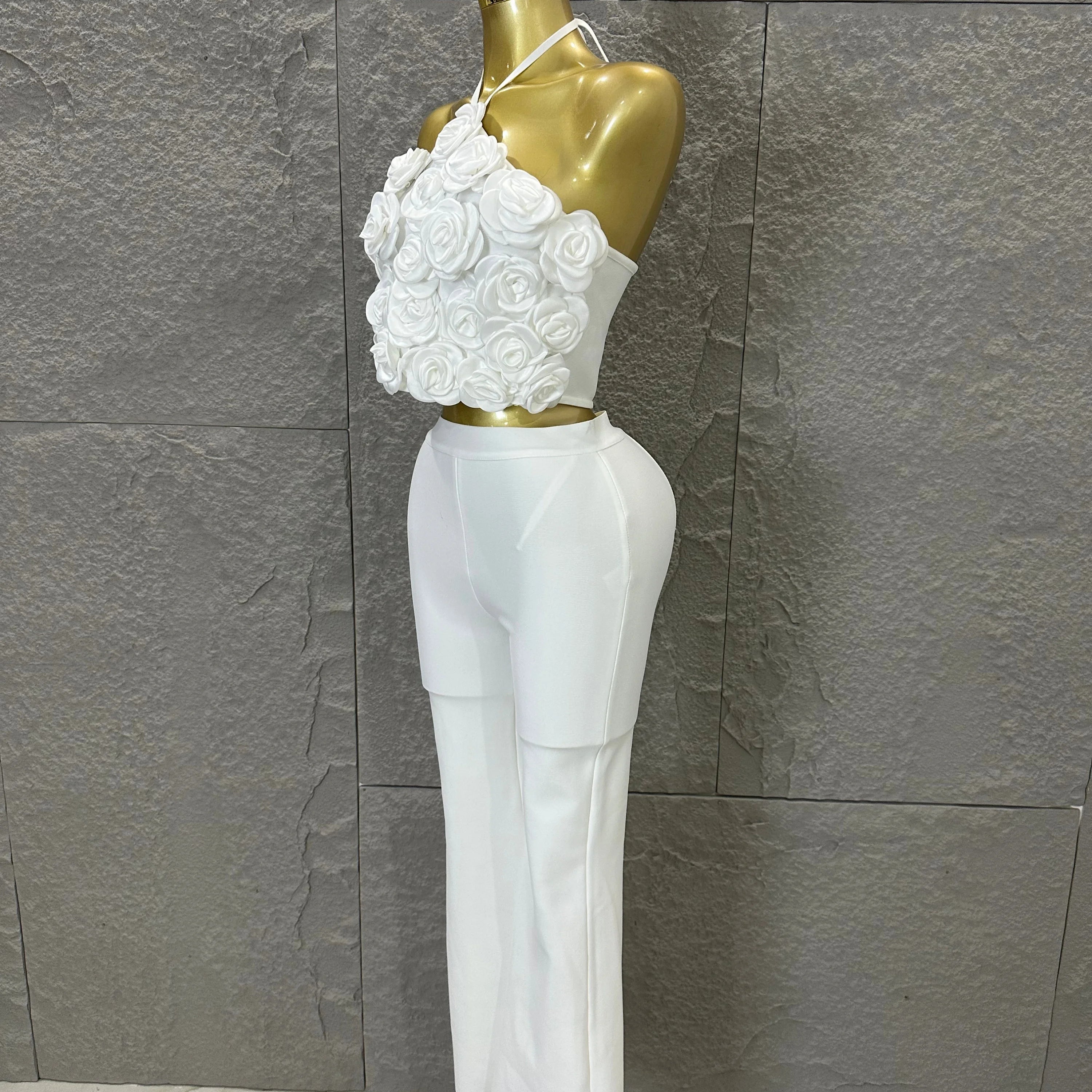 Elegant Two Piece Set Women Halter 3D Flower Crop Top High Waist Flare Pants Bandage Suit Party Casual Formal Wear