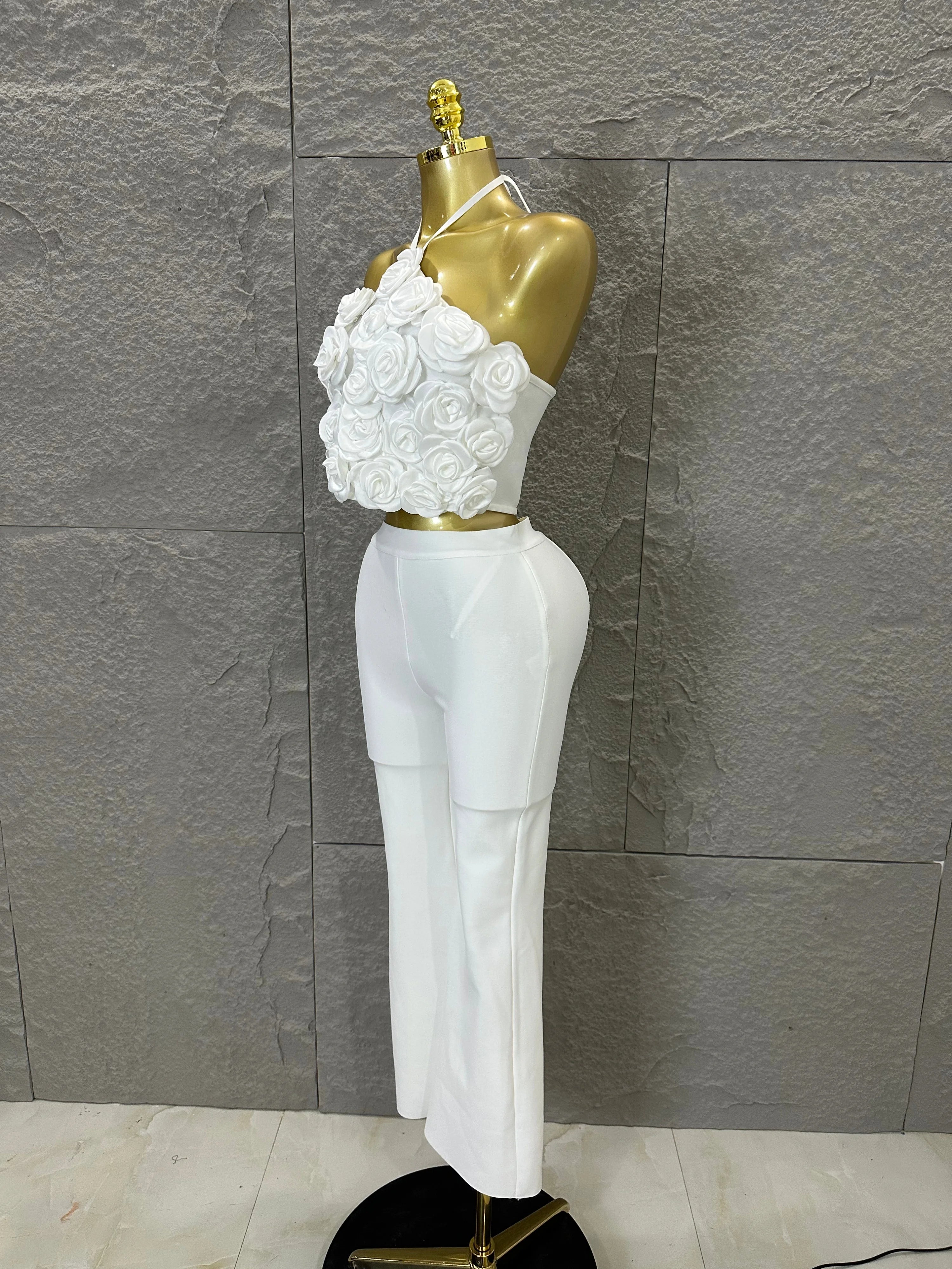 Elegant Two Piece Set Women Halter 3D Flower Crop Top High Waist Flare Pants Bandage Suit Party Casual Formal Wear
