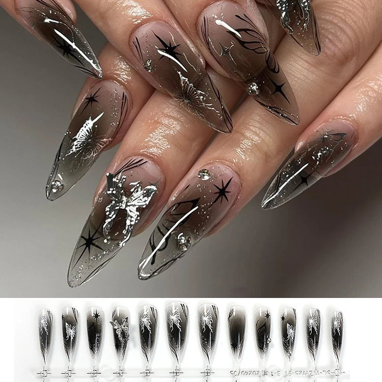 Black Cool Fake Nails Halloween Bat Press on Nails Almond Decorated Nail Tips Rivet Bow False Nails 24pcs Reusable Acrylic Nails 12