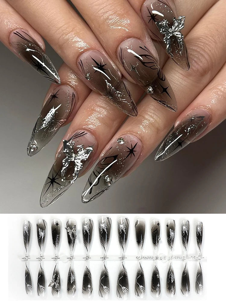 Black Cool Fake Nails Halloween Bat Press on Nails Almond Decorated Nail Tips Rivet Bow False Nails 24pcs Reusable Acrylic Nails 12