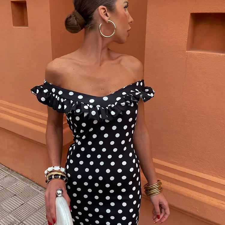 Elegant Polka Dot Print Ruffles Maxi Dress Women Fashion Strapless Slash Neck Backless Vestidos Lady Party Club Sexy Robes