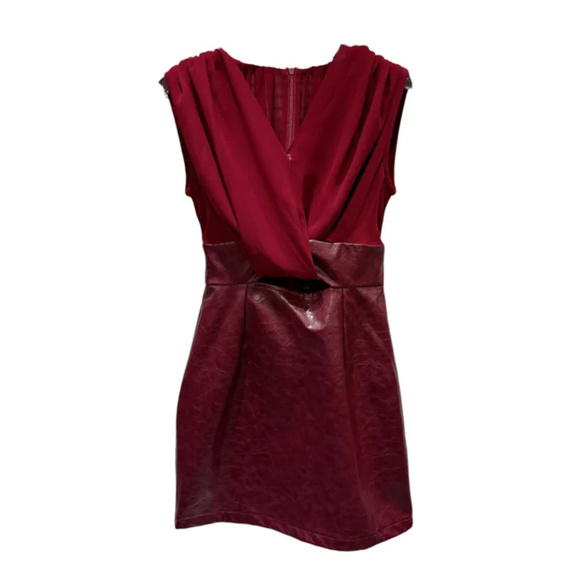 Winter New Fashion V-neck Twist Spliced PU Leather Design Vest Dresses For Women Evening Party Slim Fit Dress 11A07738