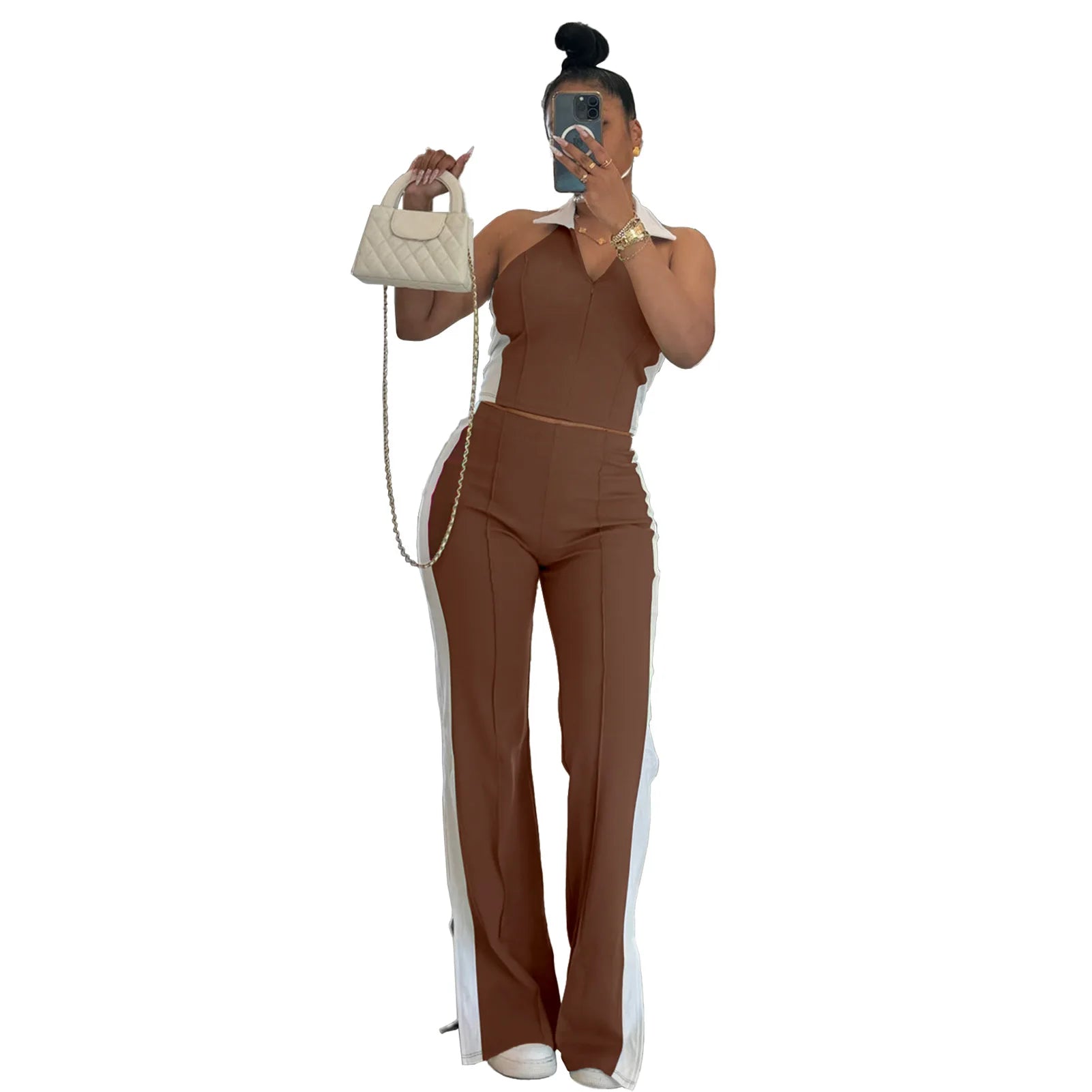 Sporty Patchwork Women's Set Sleeveless Polo-tank Tops and Slit Flare Pants 2025 Active Two 2 Piece Set Outfit Tracksuit Brown