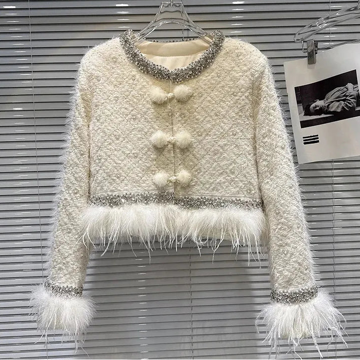 Winter New Fashion Heavy Embroidery Rhinestone Collar Ostrich Feather Cotton Coat For Women Short Jacket 11A07811