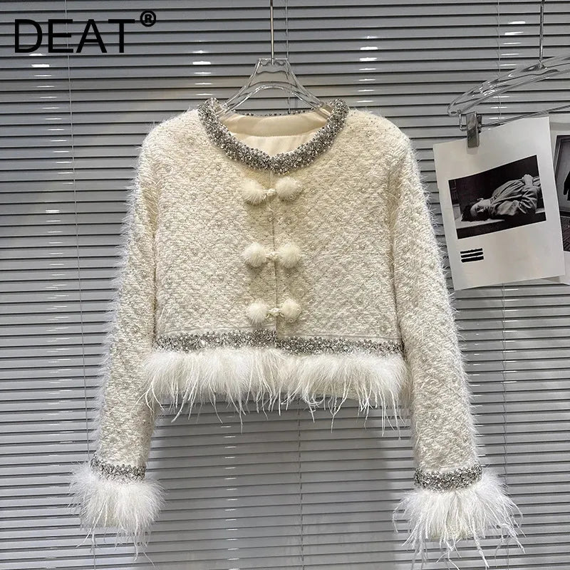 Winter New Fashion Heavy Embroidery Rhinestone Collar Ostrich Feather Cotton Coat For Women Short Jacket 11A07811