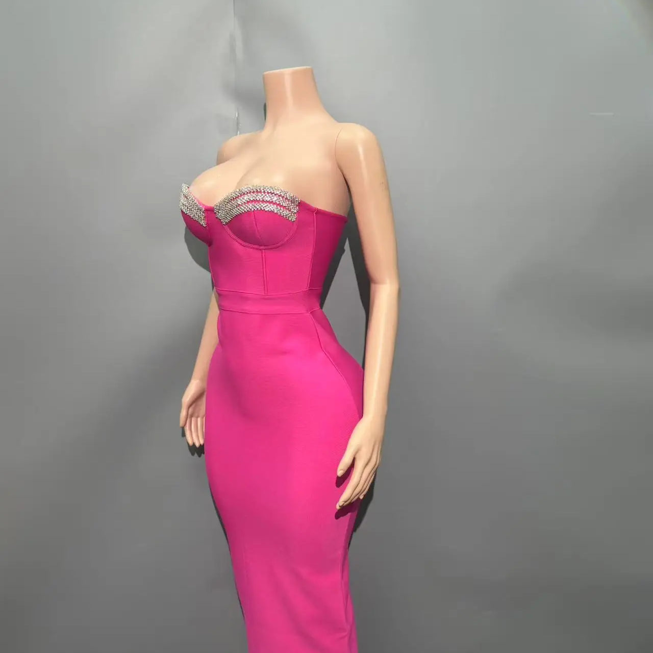 Rosered Color Women Sexy Strapless Shinning Crystal Bodycon Bandage Mid-calf Dress Nightclub Party Celebrate Birthday Outfit