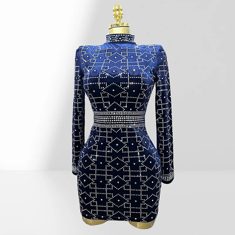 2025 New Dark Blue Velvet Luxury Diamonds O-neck Tuck Waist Mini Dress Fashion Woman Party Dress Celebration Birthday Vestido