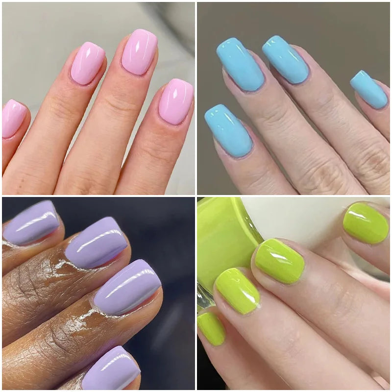 96pcs/set short square fake nails glossy summer 4 colors pink red purple green blue faux ongles press on charm false nail kit 1206