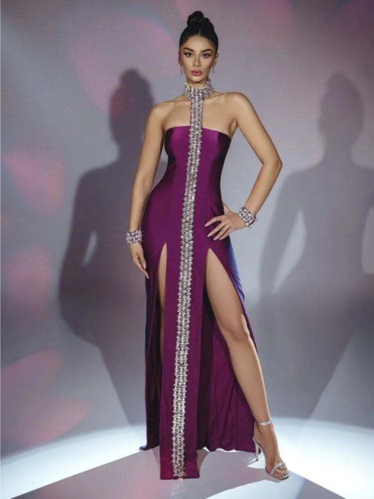 Purple Black Sparkly Crystal Women Sexy Off the Shoulder Halter Bodycon Long Bandage Dress Elegant Evening Party Prom Dress