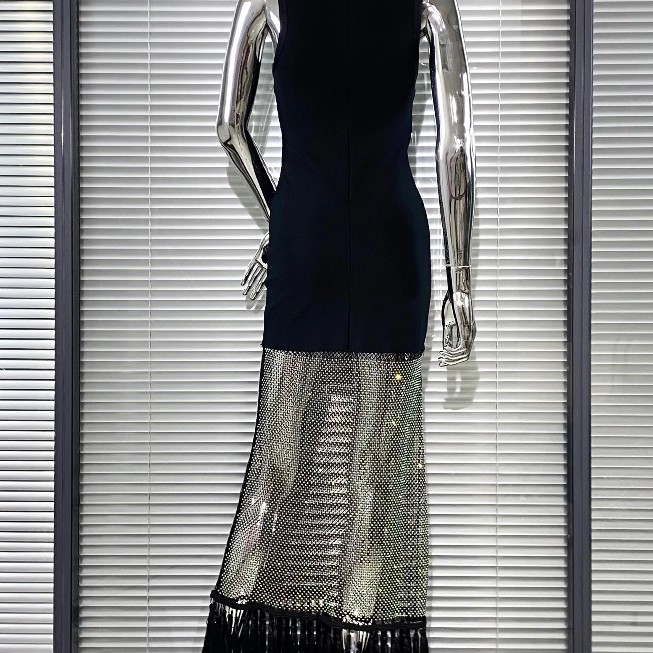 Shining Diamond See Through Mesh Tassels Black Bandage Ankle Length Dress Fashion Woman Party Dress Birthday Party Outfit