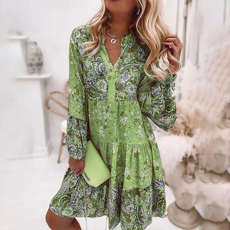 Summer Boho Mini Dress - Flora Print Batwing Sleeve Lace-Up V Neck Loose Button Dresses Ladies Beach Party Dress Vestido green
