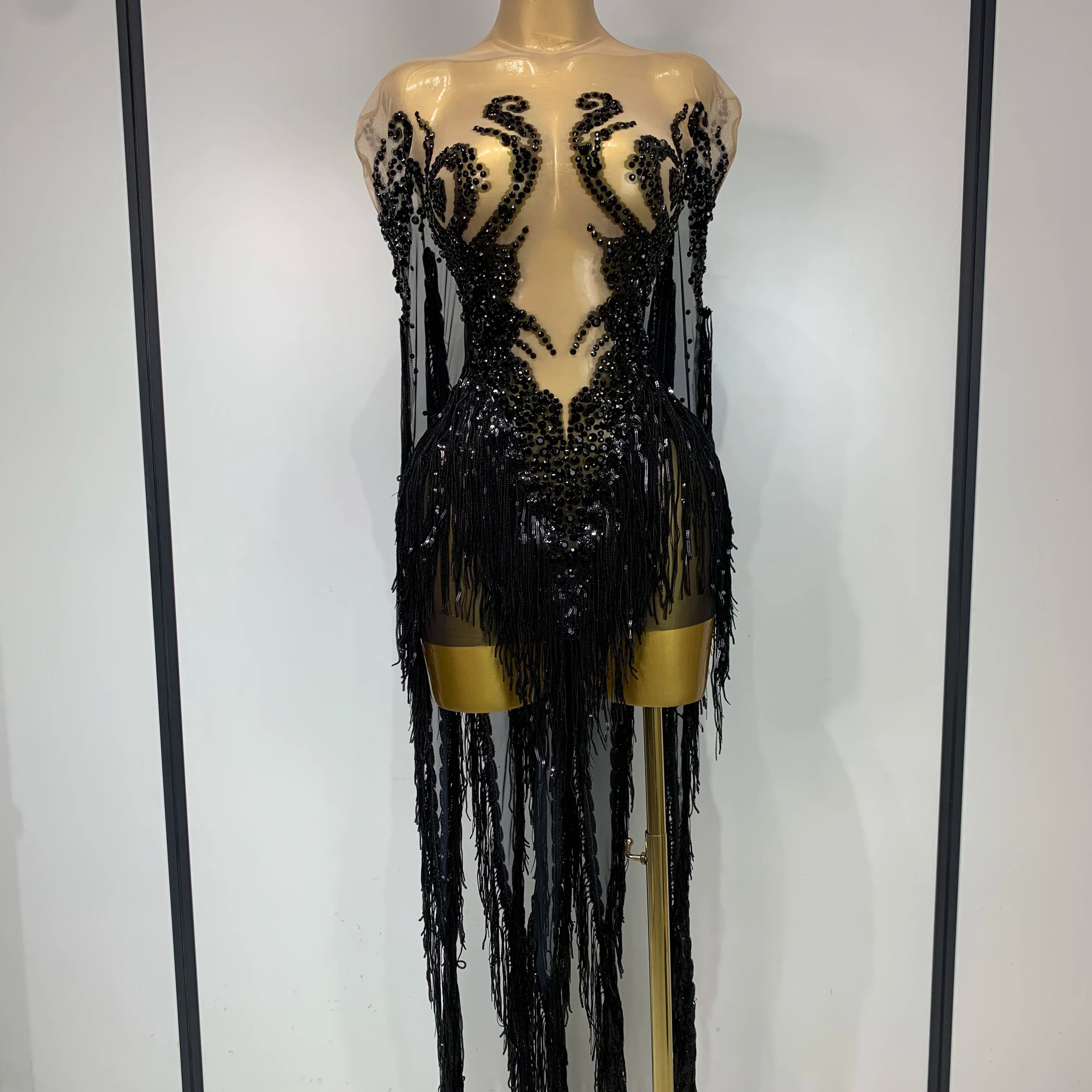 Sexy Sparkly Rhinestone Sequins Tassel Mesh Transparent Dress Women Evening Birthday Party Nightclub Dance Singer Stage Outfit black