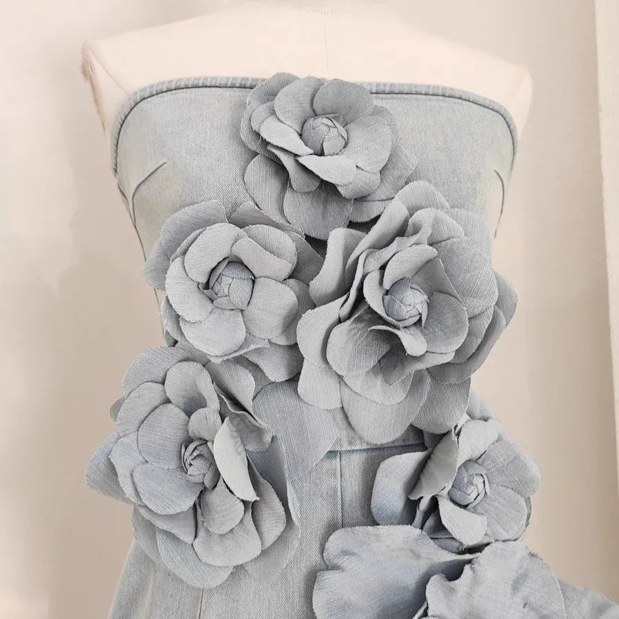 3D Appliques Flower Strapless Demin Jumpsuits For Women Off Shoulder Sleevelss Solid Color High Waist Full Length Overalls New