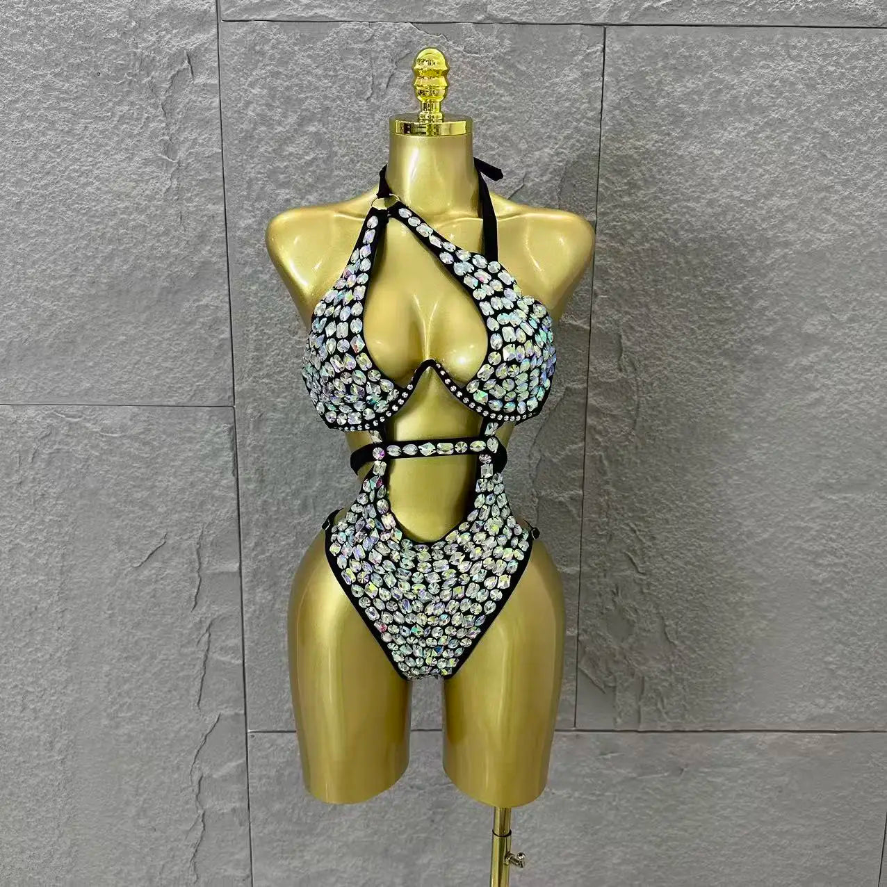 2026 Luxurious Black Bodysuit Women Sexy Halter Neck Iridescent Crystal Embellished Cutout Outfit Stage Performance Costume