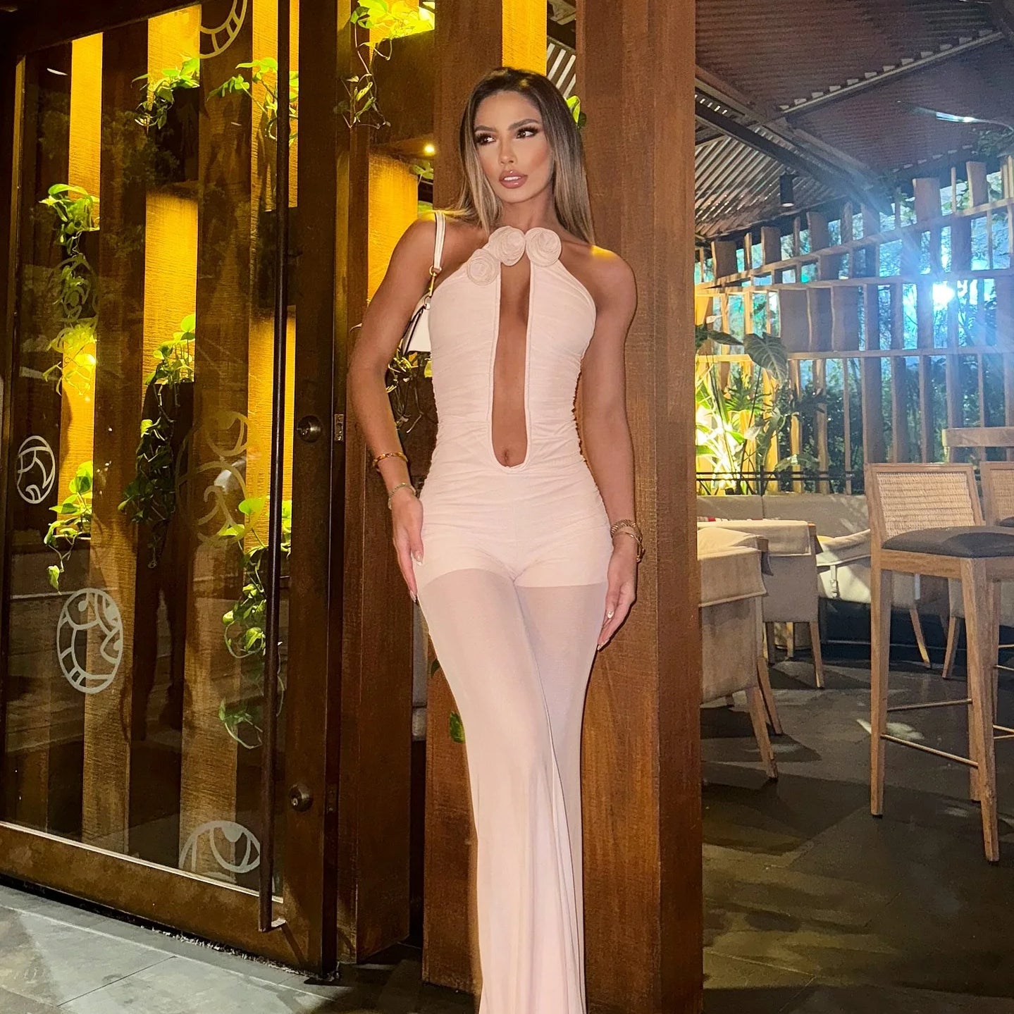 Red Khaki Color Women Sexy Strapless Florals Deep V-Neck Bodycon Jumpsuit Nightclub Party Celebrate Birthday Vacation Jumpsuit