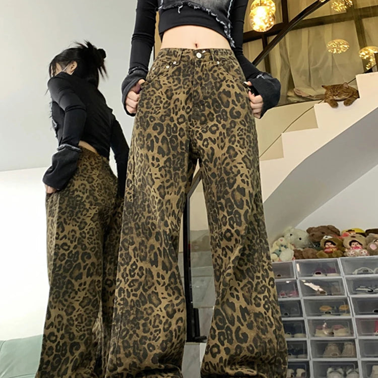 Woman Vintage Leopard Jeans Spring Autumn Simple Casual Oversize Wide Leg Trousers Streetwear Hip Hop Female Loose Pants