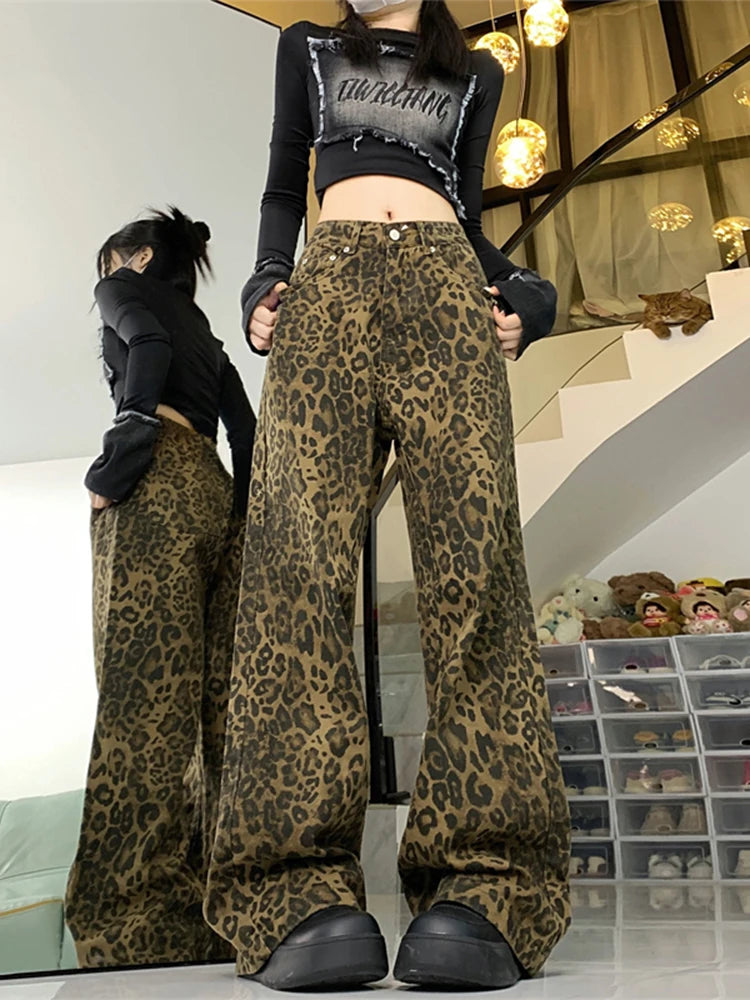 Woman Vintage Leopard Jeans Spring Autumn Simple Casual Oversize Wide Leg Trousers Streetwear Hip Hop Female Loose Pants