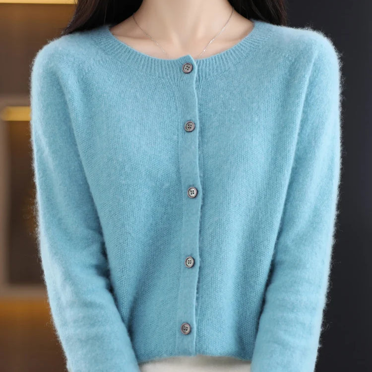 Aliselect Autumn Winter Women 100% Merino Wool Sweater O-Neck Tops Long Sleeve Basic Cashmere Knitwear Cardigan Clothing Coat SKY BLUE